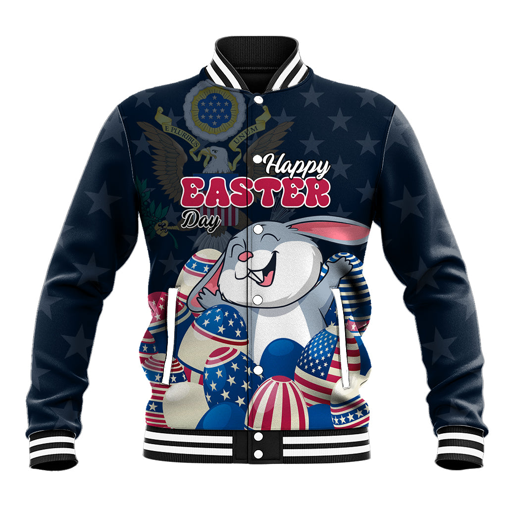 Blue baseball jacket with bunny graphic, stars, and Happy Easter Day text, striped rib trim