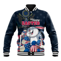 Blue baseball jacket with bunny graphic, stars, and Happy Easter Day text, striped rib trim