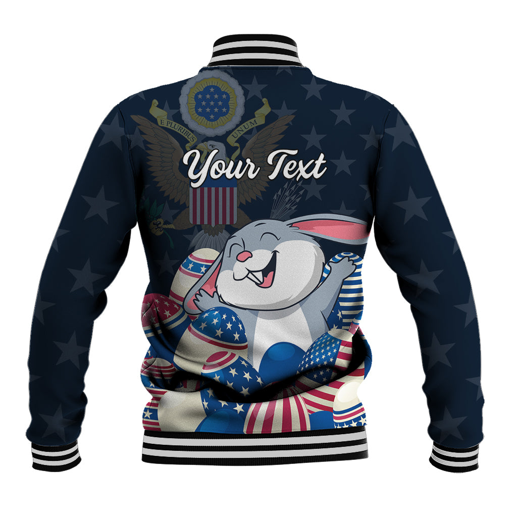 Blue baseball jacket back with bunny graphic, stars, striped rib trim and Your Text