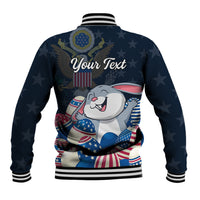 Blue baseball jacket back with bunny graphic, stars, striped rib trim and Your Text