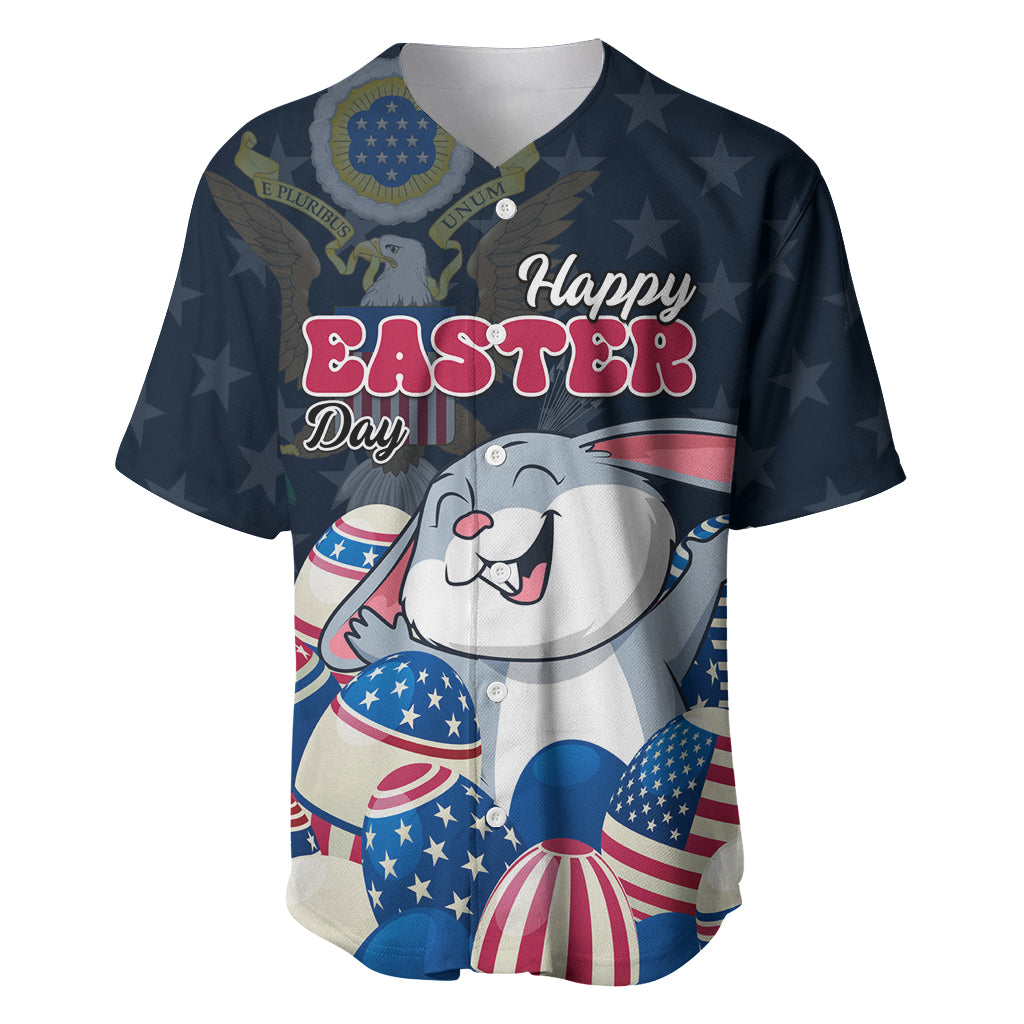 Navy baseball jersey with bunny graphic and "Happy Easter" text, stars & stripes