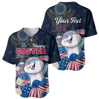 Pair of navy Easter baseball jerseys with bunny graphics, "Happy Easter" and "Your Text"