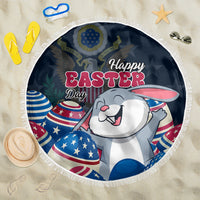 Round Easter beach blanket with white fringe, Happy Easter bunny and US egg designs