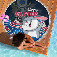 Round Easter beach blanket with white fringe, Happy Easter bunny and US egg print held by child