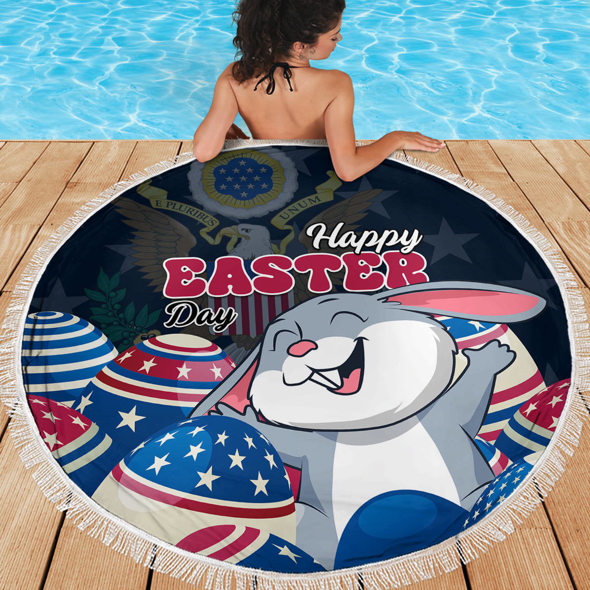 Round Easter beach blanket with white fringe, Happy Easter bunny and US egg prints on deck