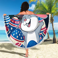 Round Easter beach blanket with white fringe, Happy Easter bunny and US egg prints, draped
