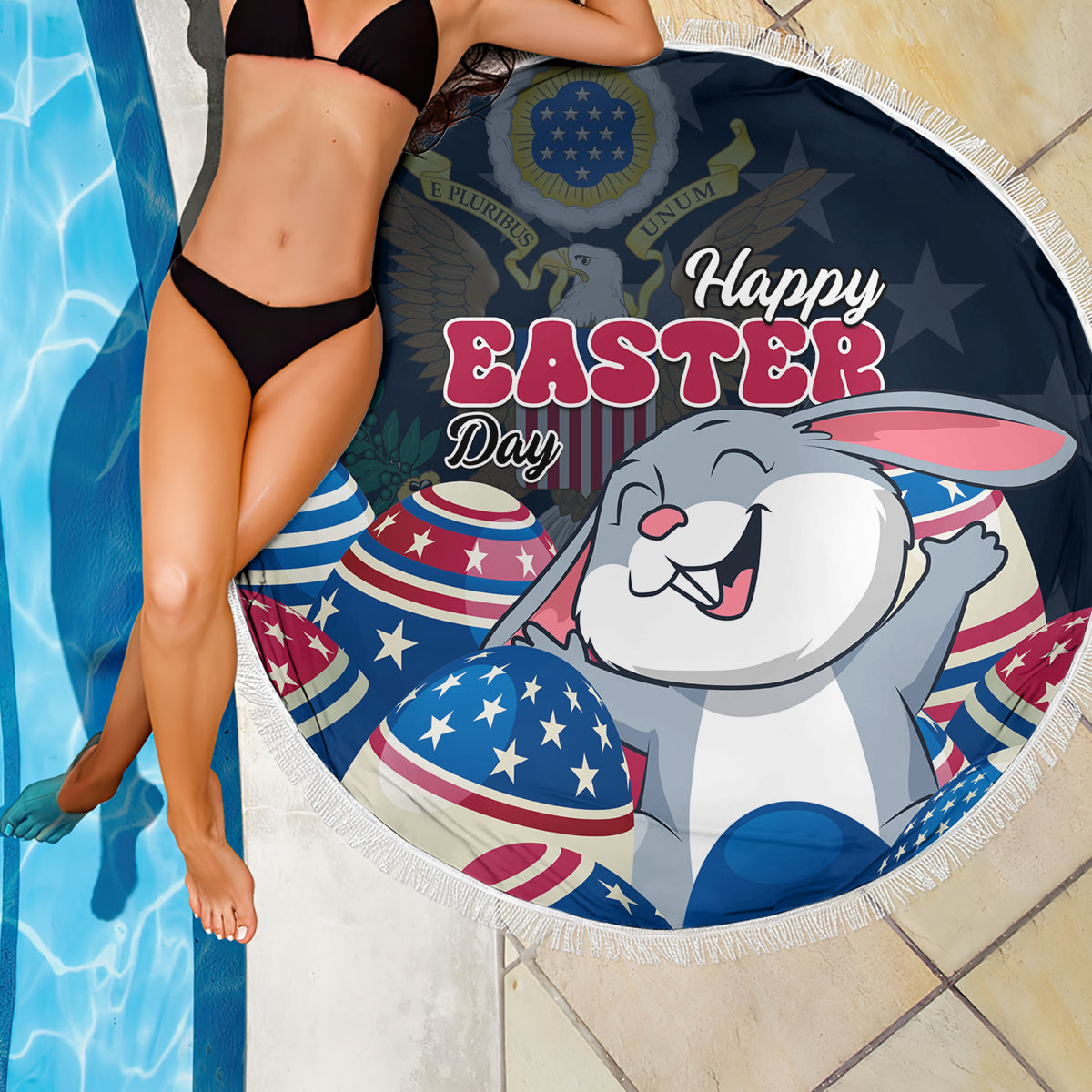 Round Easter beach blanket with white fringe, Happy Easter bunny illustration and US egg designs