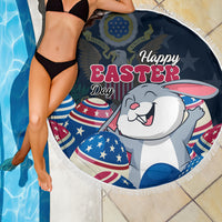 Round Easter beach blanket with white fringe, Happy Easter bunny illustration and US egg designs