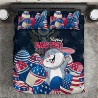 Blue Happy Easter bedding set with smiling bunny and patriotic egg patterns