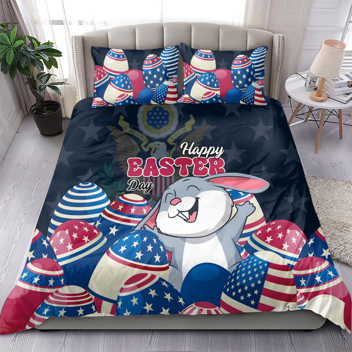 Blue duvet cover with bunny face, Happy Easter text, and stars-and-eggs print