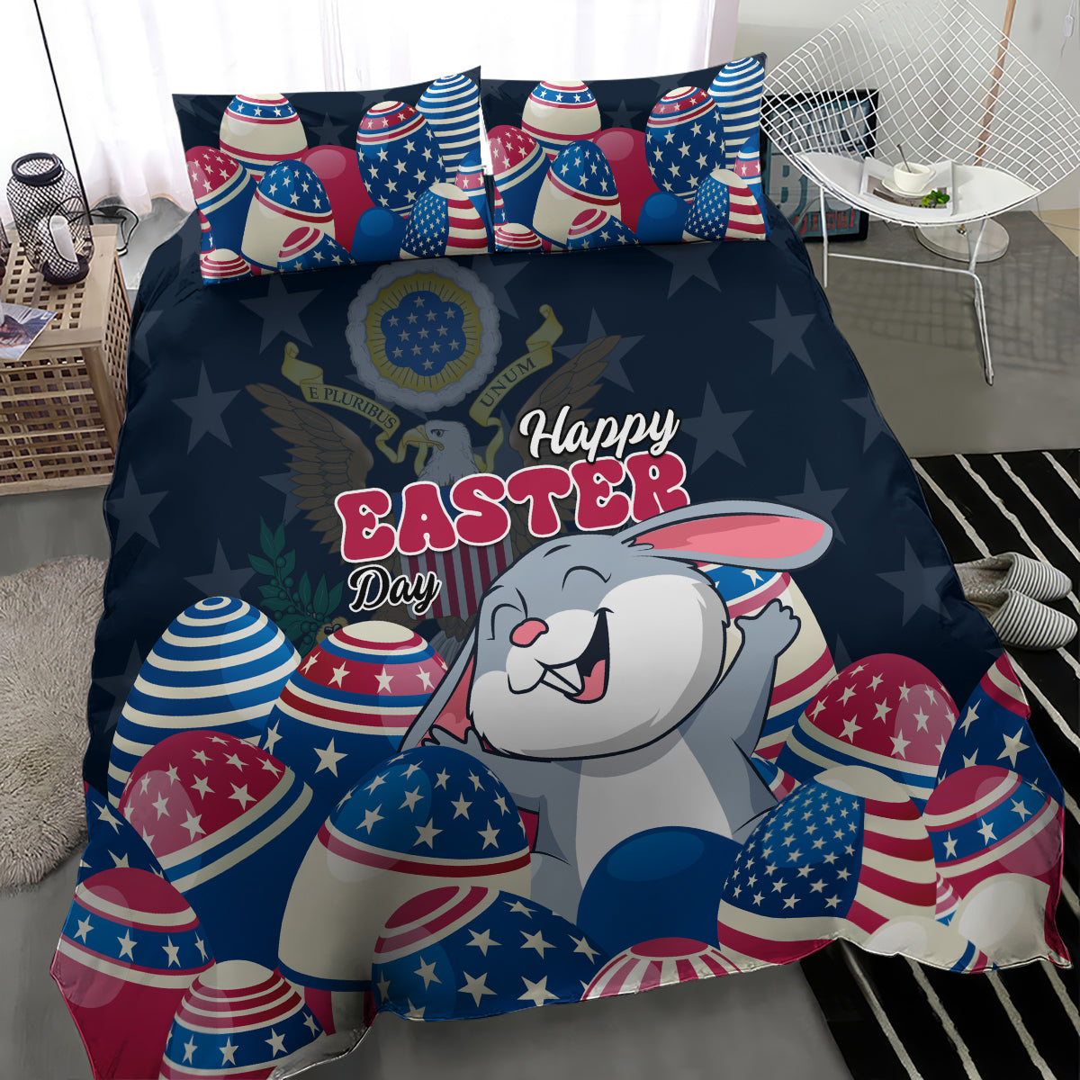 Blue bedding set featuring bunny, Happy Easter lettering, patriotic stars and eggs