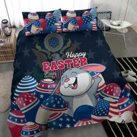Blue bedding set featuring bunny, Happy Easter lettering, patriotic stars and eggs