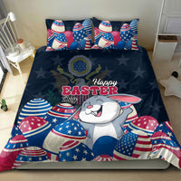 Blue bedding set with bunny graphic, Happy Easter text, and patriotic egg motifs
