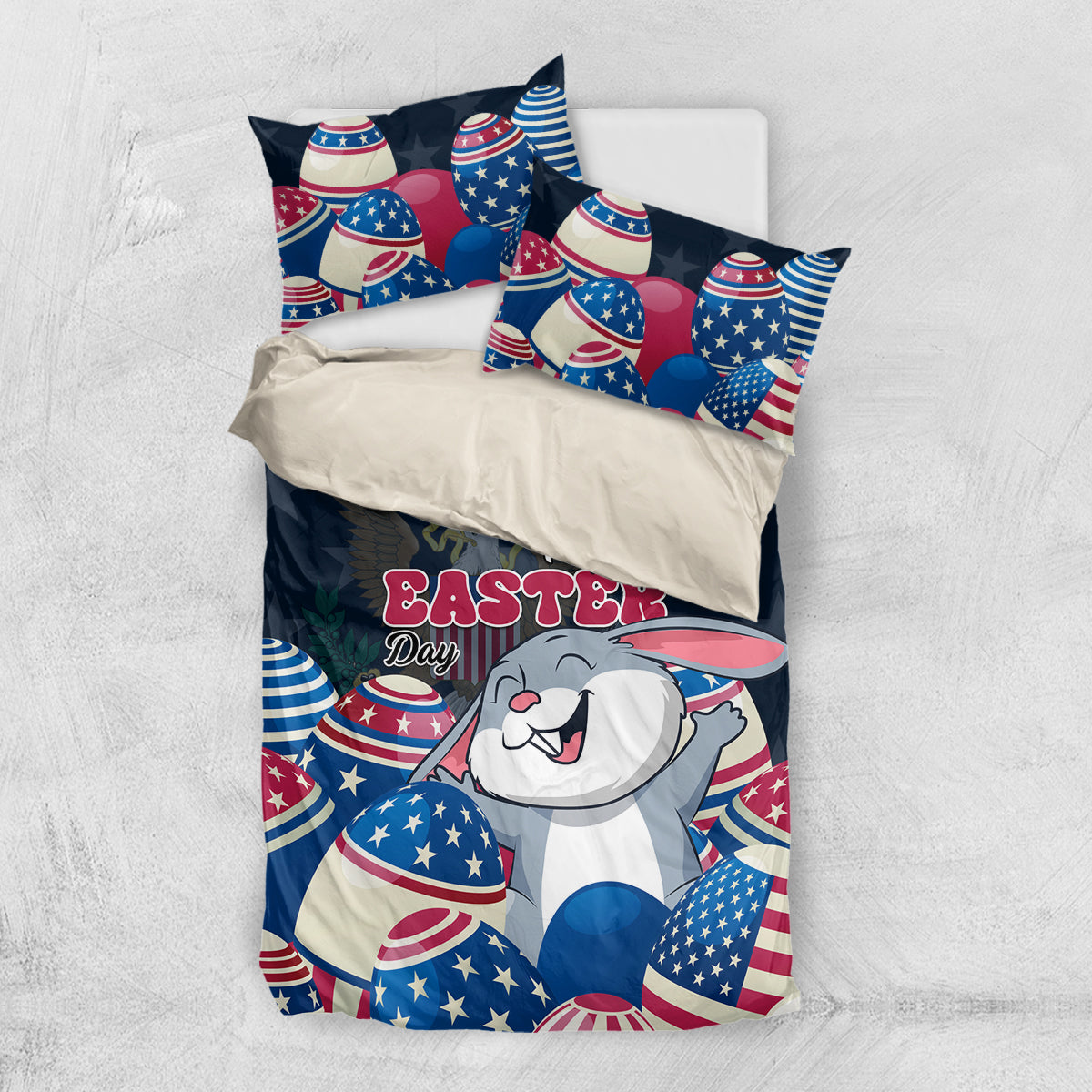 Blue bedding set with bunny and patriotic eggs, plus matching pillowcases