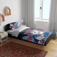 Blue bedding set on bed with bunny and Happy Easter print, patriotic star-and-egg design