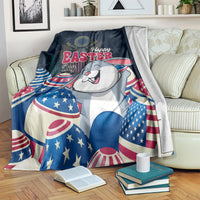 Blue Easter bunny blanket with “Happy Easter” text and patriotic egg designs