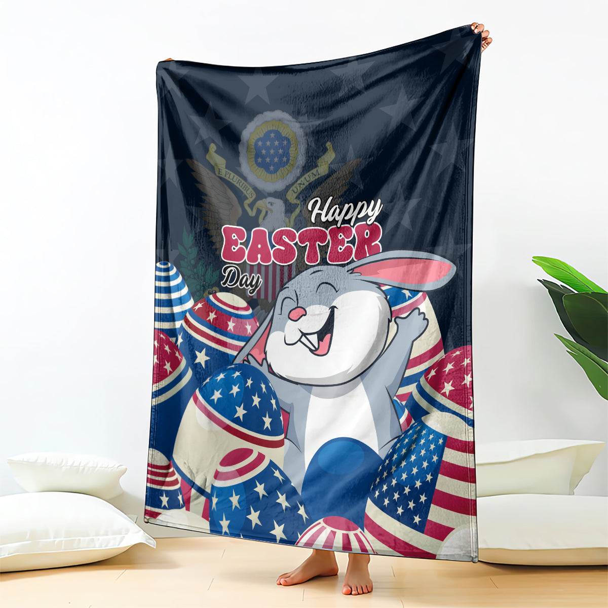 Blue “Happy Easter” bunny blanket, showing full bunny face and patriotic eggs