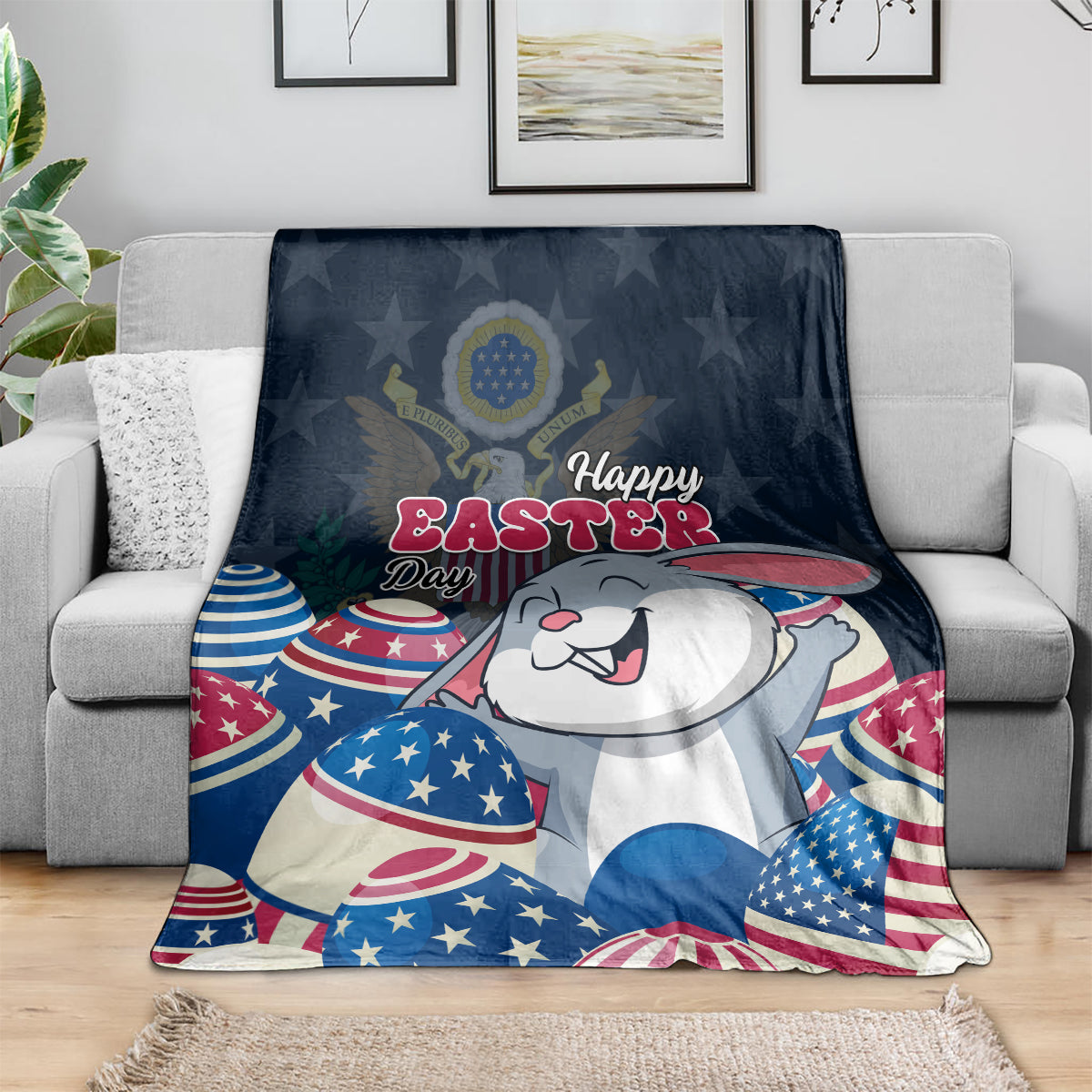 Blue bunny Easter blanket draped on sofa with stars, stripes, and “Happy Easter”