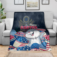 Blue bunny Easter blanket draped on sofa with stars, stripes, and “Happy Easter”