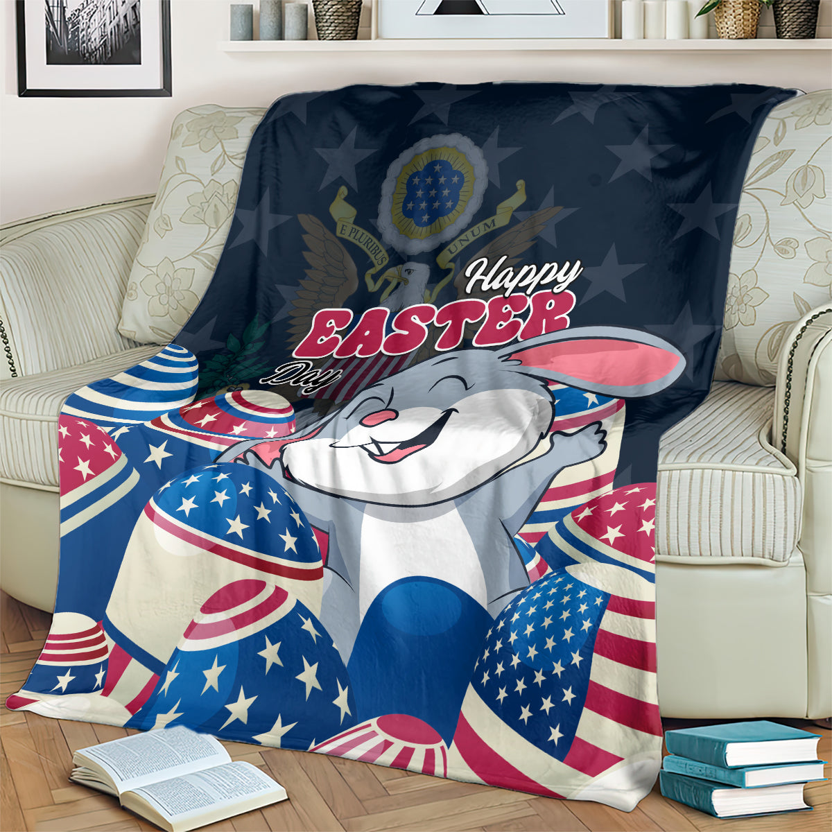 Blue Easter bunny blanket covering couch, with patriotic egg shapes and stars
