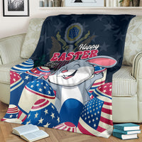 Blue Easter bunny blanket covering couch, with patriotic egg shapes and stars