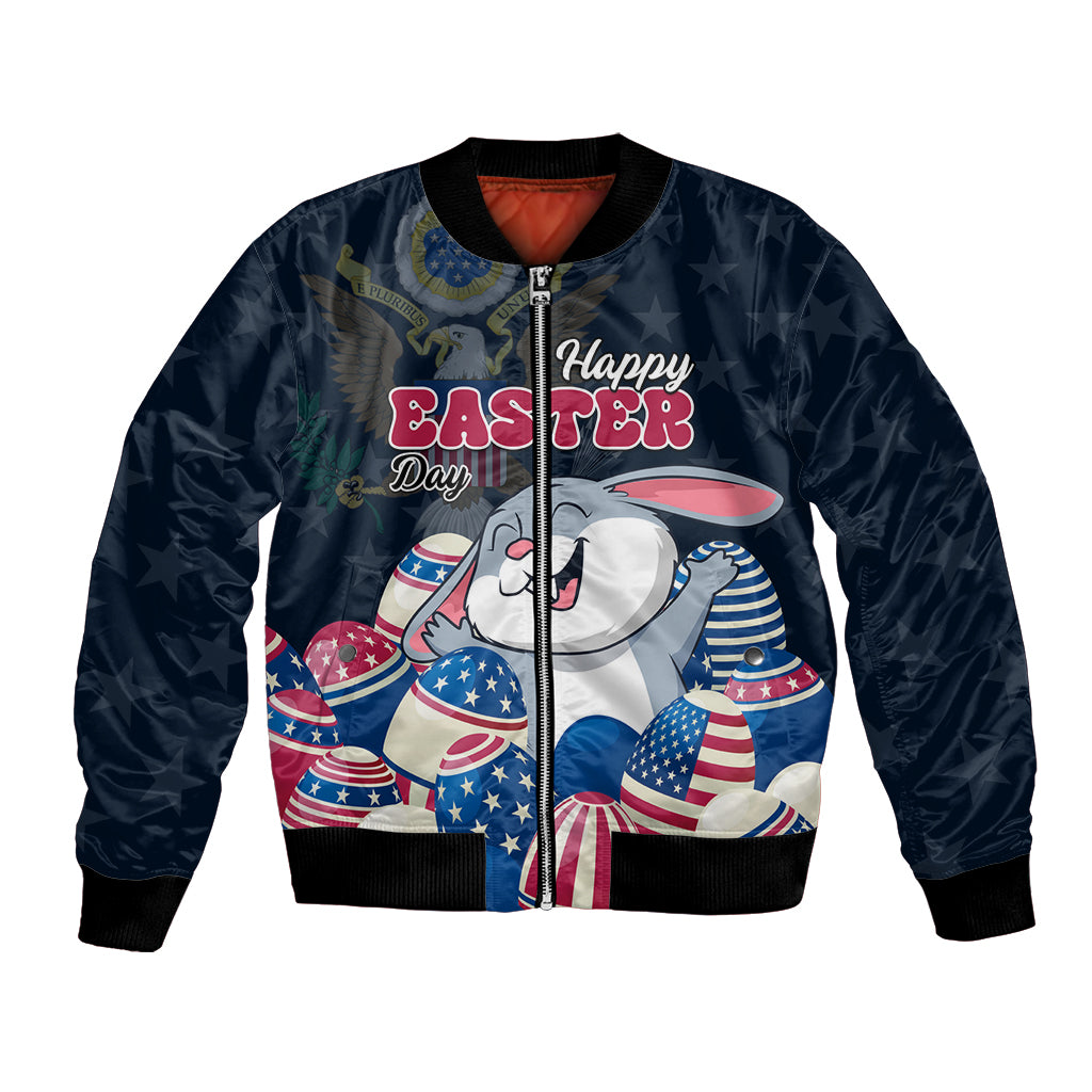 Blue bomber jacket with zip, Easter bunny and US egg graphic, Happy Easter text