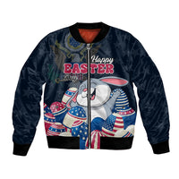 Blue bomber jacket with zip, Easter bunny and US egg graphic, Happy Easter text