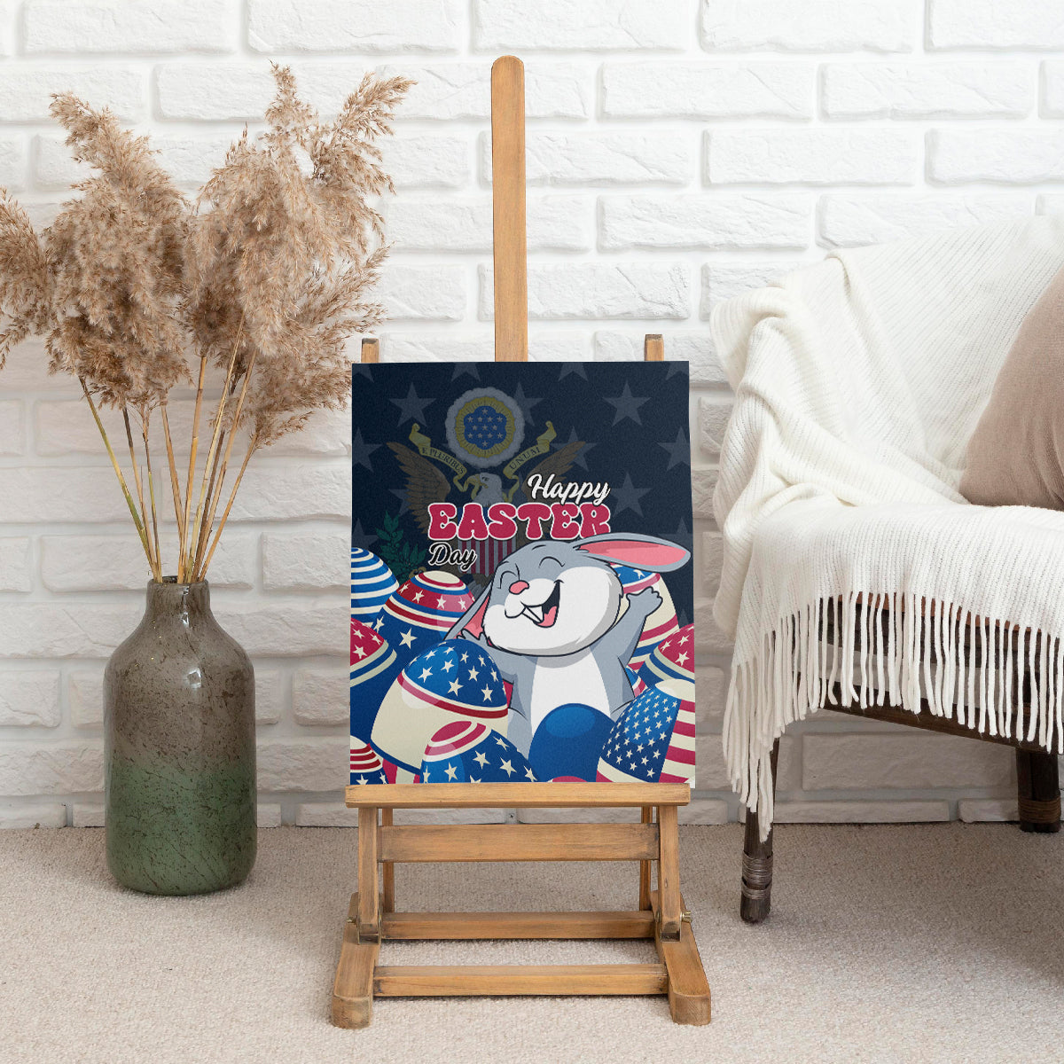 Framed Easter canvas wall art with a bunny, patriotic egg shapes, and Happy Easter text