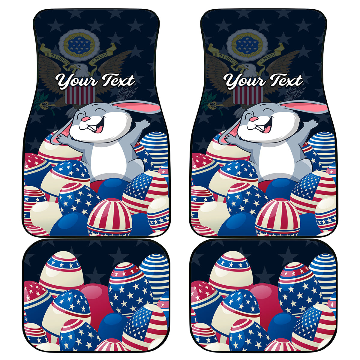 Car floor mats set of four, patriotic bunny and Easter egg pattern with 'Your Text'