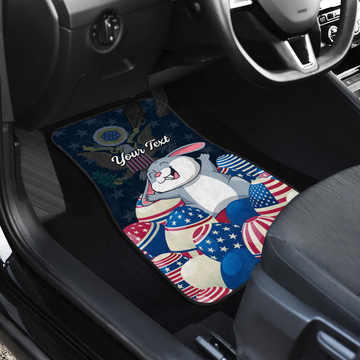 Single back seat car mat featuring patriotic bunny and stars with 'Your Text'