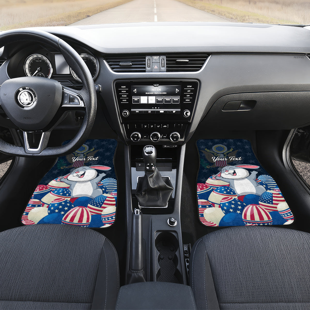 Front car floor mats set with patriotic bunny and Easter eggs, 'Your Text' text