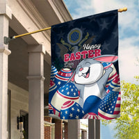 Blue outdoor house flag with white bunny face and patriotic egg pattern, Happy Easter text