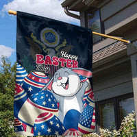 Blue Happy Easter garden flag close view with smiling white bunny and star accents