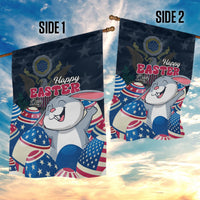 Two panels of blue Happy Easter garden flag with white bunny, stars, patriotic eggs