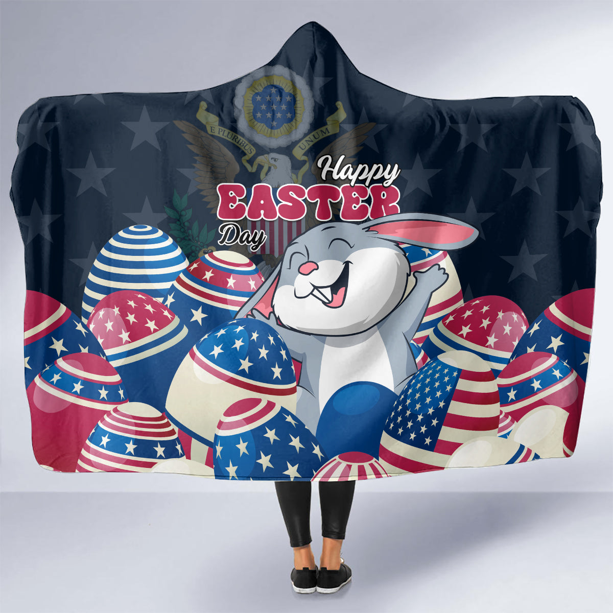 Navy hooded blanket with bunny and US Easter egg print, full-body front view