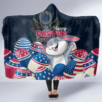 Navy hooded blanket with bunny and US Easter egg print, full-body front view