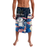 Blue graphic Easter lavalava shorts with cartoon bunny, stars, stripes, and blue eggs