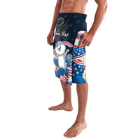 Blue Easter lavalava shorts with cartoon bunny and stars, side panel and elastic waistband