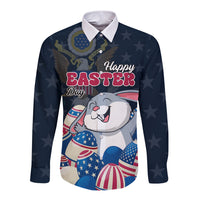 Unisex blue long-sleeve button shirt with Easter bunny graphic and US flag elements