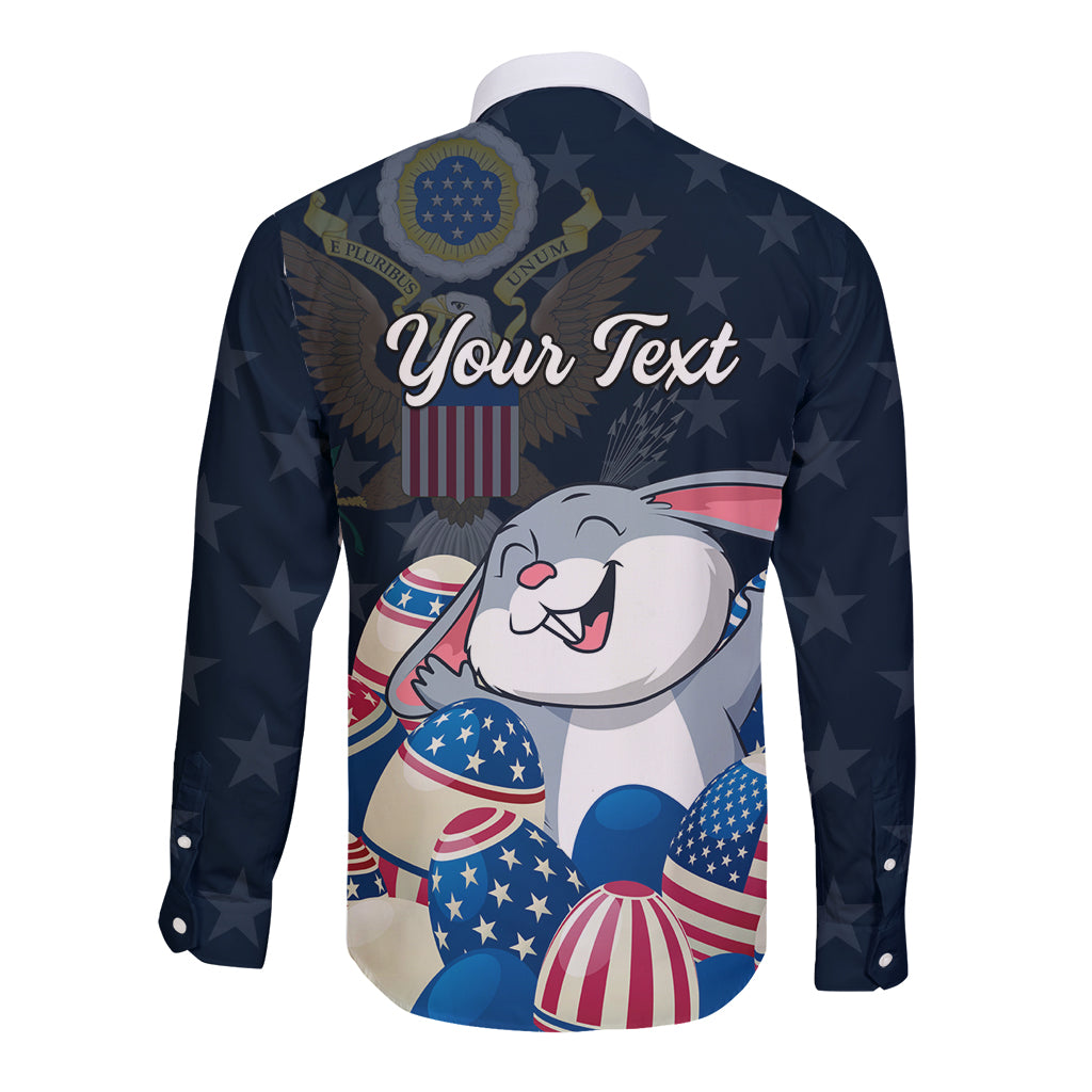 Unisex blue long-sleeve button shirt back with Easter bunny graphic, stars, and 'Your Text'