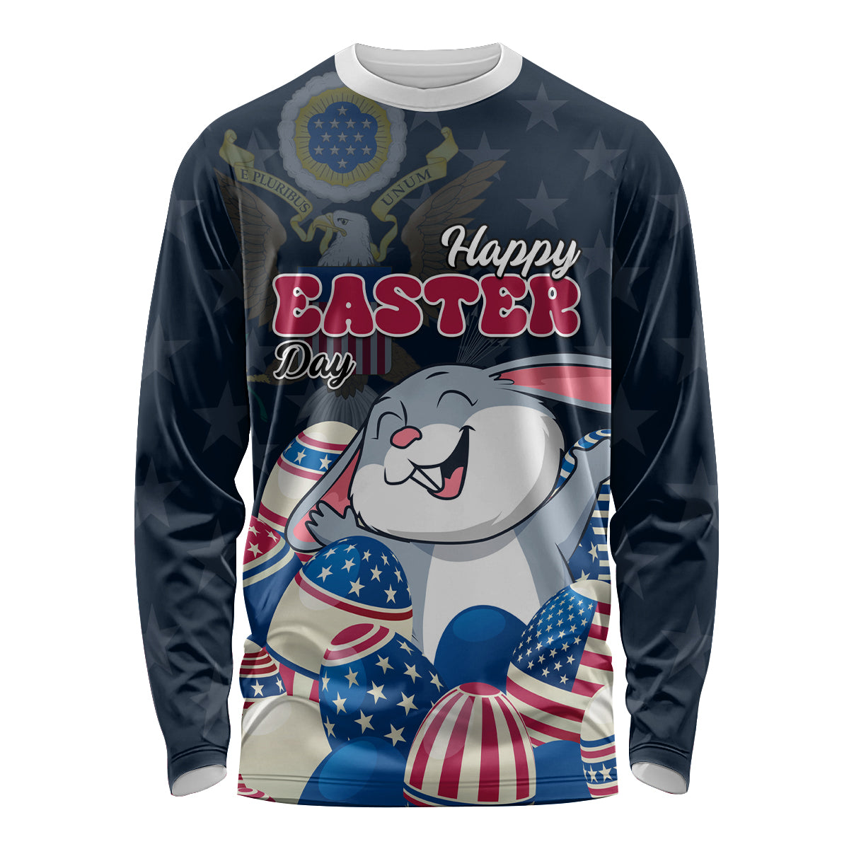 Blue long-sleeve Easter shirt with bunny and US egg graphic, Happy Easter text