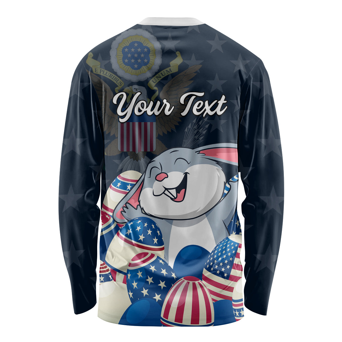 Blue long-sleeve Easter shirt with bunny and US egg graphic, Your Text