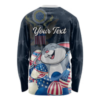 Blue long-sleeve Easter shirt with bunny and US egg graphic, Your Text