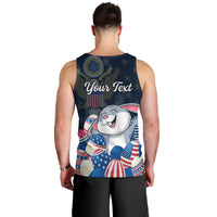 Men's blue Easter bunny tank top, back print with 'Your Text' and patriotic graphics