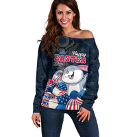 Women’s off-shoulder sweater in dark blue with Happy Easter bunny and stars graphic