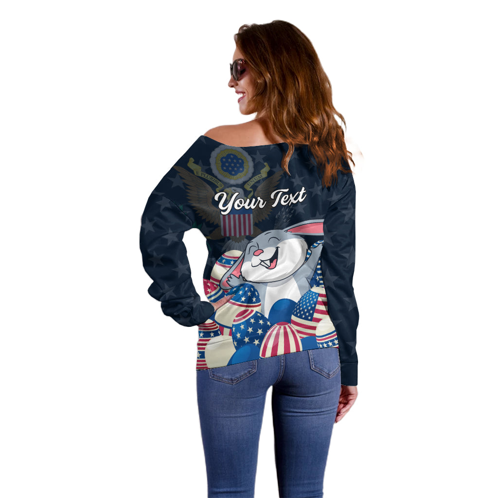 Women’s off-shoulder sweater, dark blue star pattern, back bunny graphic with “Your Text”