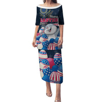 Blue long off-shoulder bunny Easter dress with US stars and stripes egg print