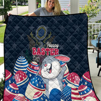 Blue Easter quilt blanket with Happy Easter text, white bunny, and patriotic egg prints