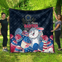 Blue Easter quilt blanket featuring Happy Easter lettering, white bunny, and patriotic eggs