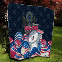 Blue quilt blanket with Happy Easter text, white bunny, and red-blue patriotic egg designs